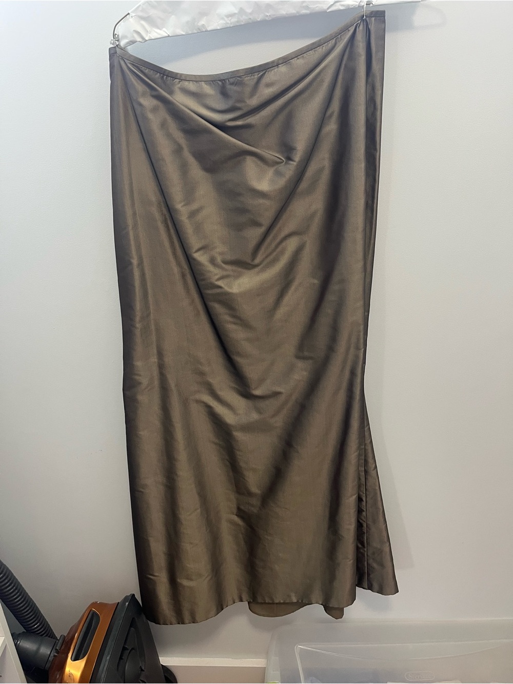 Carmen Marc Valvo Satin Bias Maxi Skirt in Olive